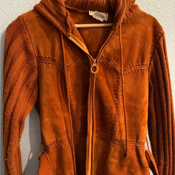 Vintage 1970s Terracotta Leather Suede Knit Crochet Hooded Jacket Coat - Picture 8 of 12